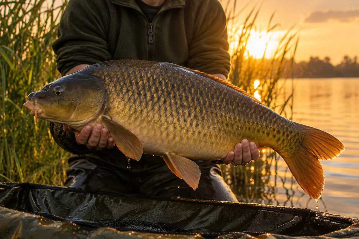 Een schubkarper in de handen van een visser, bij zonsondergang aan het water